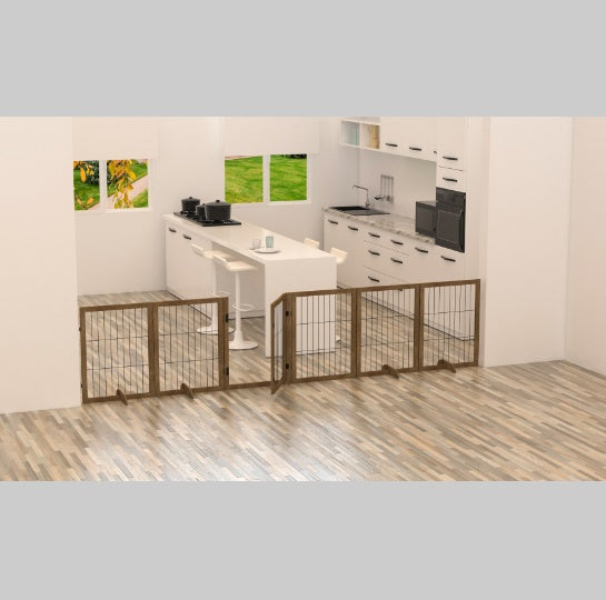 144” Extra Long Dog Gate with Door - 6-Panel Foldable Wooden Pet Barrier, 32” Tall, Freestanding Safety Fence for Doorways, Stairs, & Playpen Use - goosavvy.com