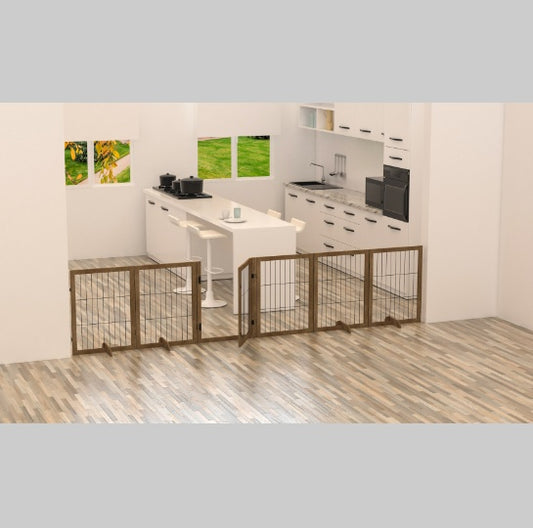 144” Extra Long Dog Gate with Door - 6-Panel Foldable Wooden Pet Barrier, 32” Tall, Freestanding Safety Fence for Doorways, Stairs, & Playpen Use - goosavvy.com