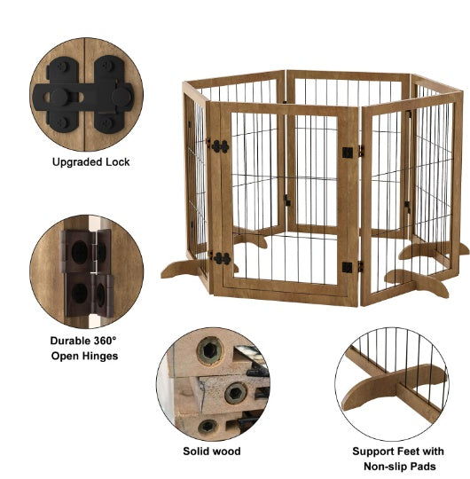 144” Extra Long Dog Gate with Door - 6-Panel Foldable Wooden Pet Barrier, 32” Tall, Freestanding Safety Fence for Doorways, Stairs, & Playpen Use - goosavvy.com