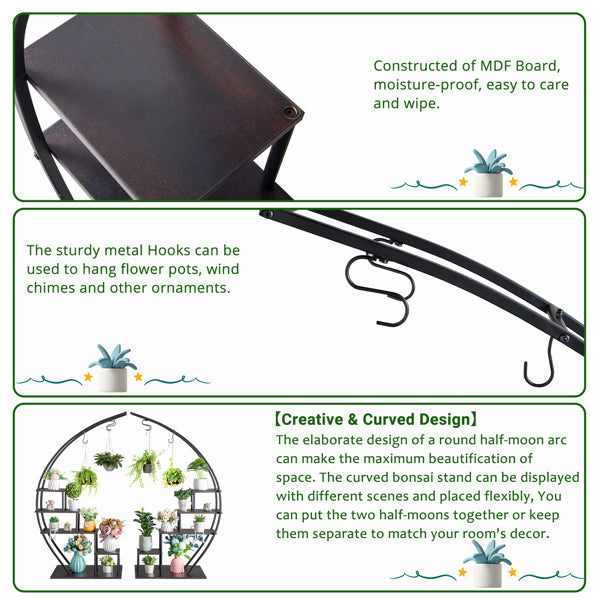 2pc semi circular plant stand with metal hooks and MDF board construction, shown with text describing features.