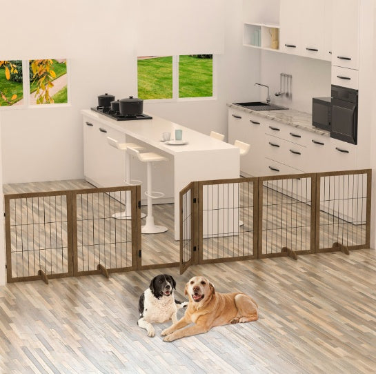 144” Extra Long Dog Gate with Door - 6-Panel Foldable Wooden Pet Barrier, 32” Tall, Freestanding Safety Fence for Doorways, Stairs, & Playpen Use - goosavvy.com