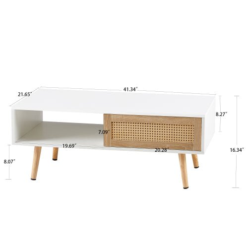 41.3 Inch Modern Coffee Table Rectangle Wood Coffee Table with Sliding Door for Storage, Rattan Coffee Tables for Living Room, Apartment White - goosavvy.com