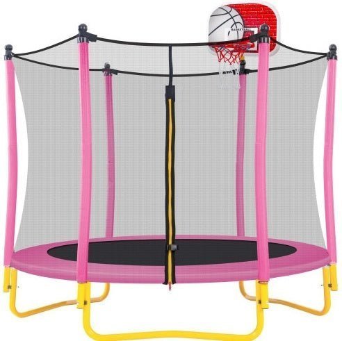 5.5FT Kids Trampoline with Enclosure, Basketball Hoop & Ball – Indoor & Outdoor Mini Toddler Trampoline, Safe & Fun - goosavvy.com