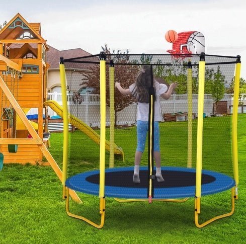 5.5FT Kids Trampoline with Enclosure, Basketball Hoop & Ball – Indoor & Outdoor Mini Toddler Trampoline, Safe & Fun - goosavvy.com