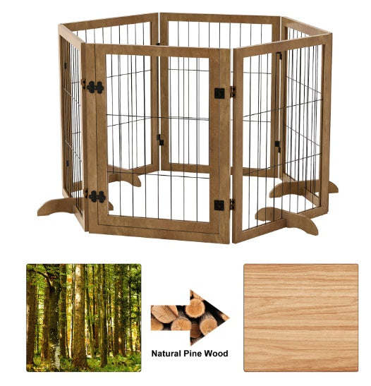 144” Extra Long Dog Gate with Door - 6-Panel Foldable Wooden Pet Barrier, 32” Tall, Freestanding Safety Fence for Doorways, Stairs, & Playpen Use - goosavvy.com