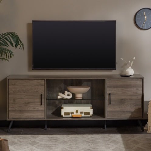 60" Mid - Century Modern TV Stand with Glass Shelf & Storage - Slate Grey - goosavvy.com