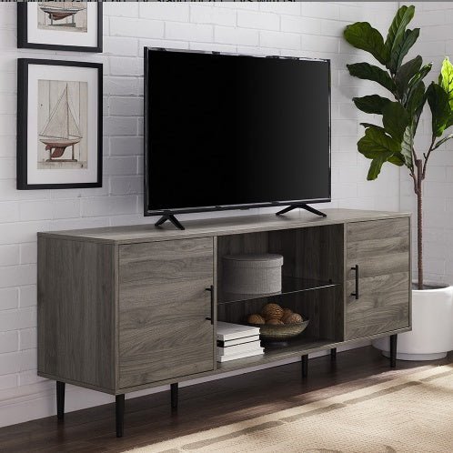 60" Mid - Century Modern TV Stand with Glass Shelf & Storage - Slate Grey - goosavvy.com