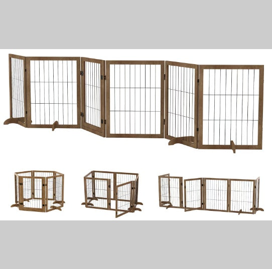144” Extra Long Dog Gate with Door - 6-Panel Foldable Wooden Pet Barrier, 32” Tall, Freestanding Safety Fence for Doorways, Stairs, & Playpen Use - goosavvy.com