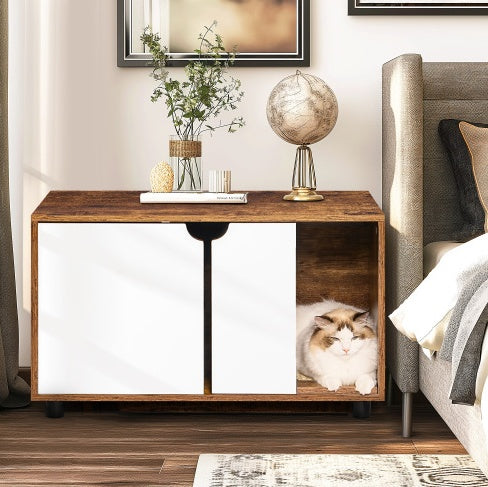 Cat Litter Box Enclosure with Double Doors - Hidden Kitty Washroom & Furniture Style, White Vintage - goosavvy.com