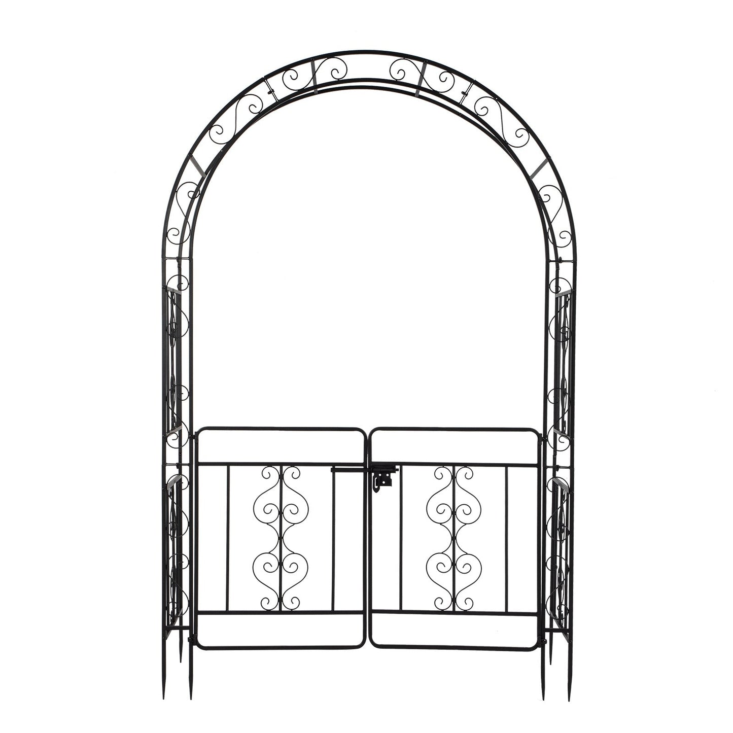 7ft Black Wrought Iron Garden Arch with Double Deck, Door & Rounded Roof - goosavvy.com