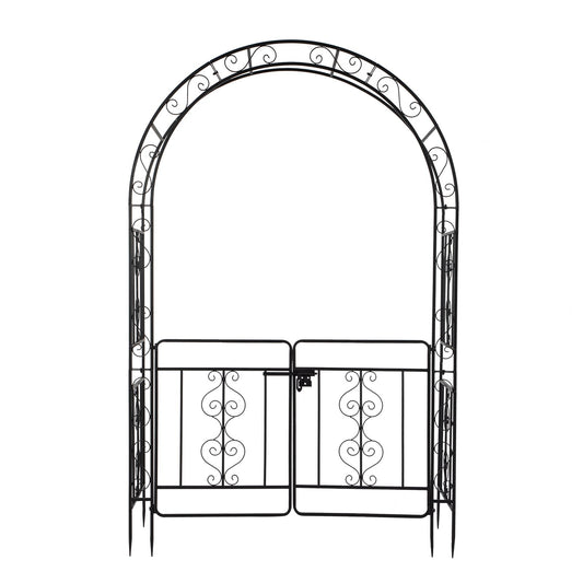 7ft Black Wrought Iron Garden Arch with Double Deck, Door & Rounded Roof - goosavvy.com