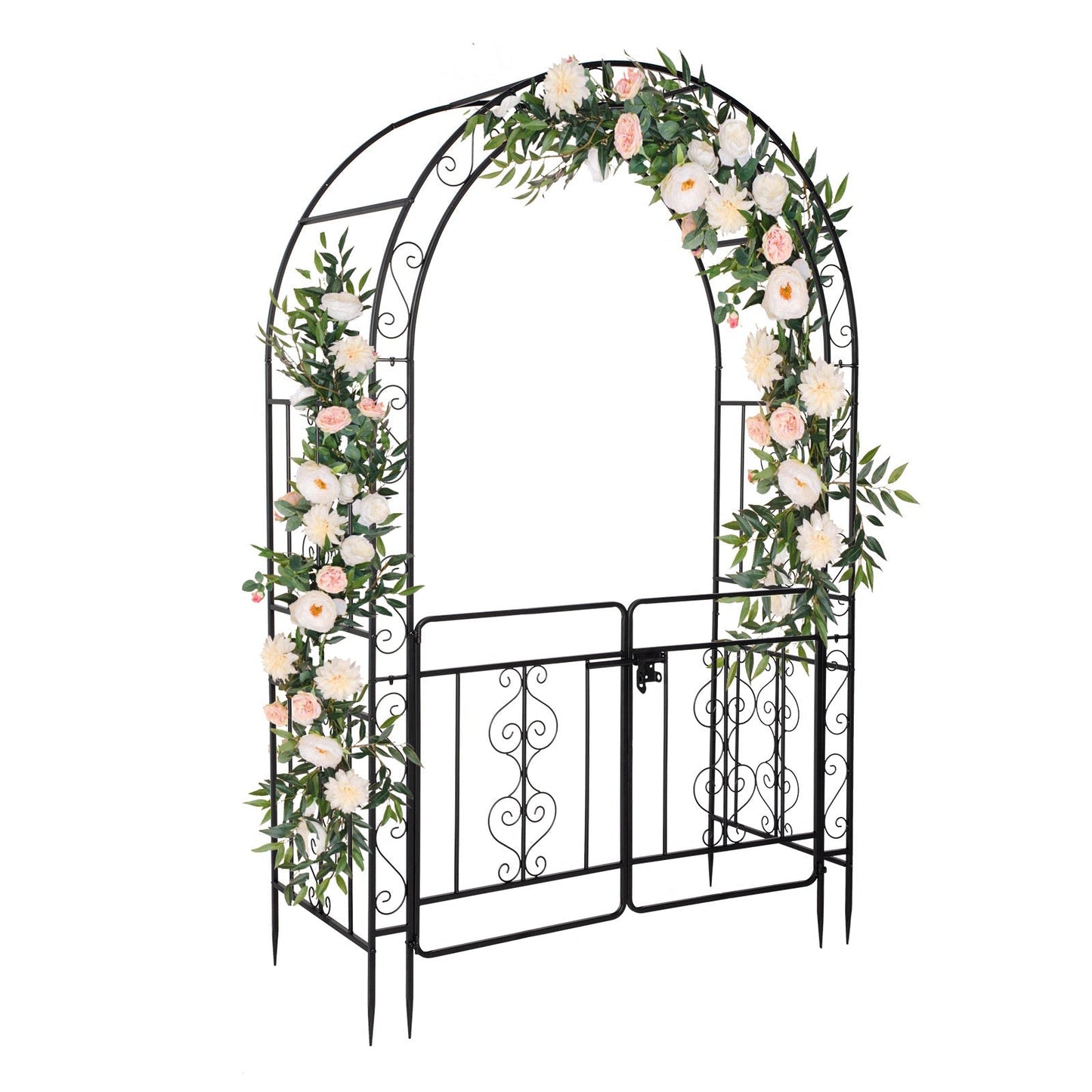 7ft Black Wrought Iron Garden Arch with Double Deck, Door & Rounded Roof - goosavvy.com
