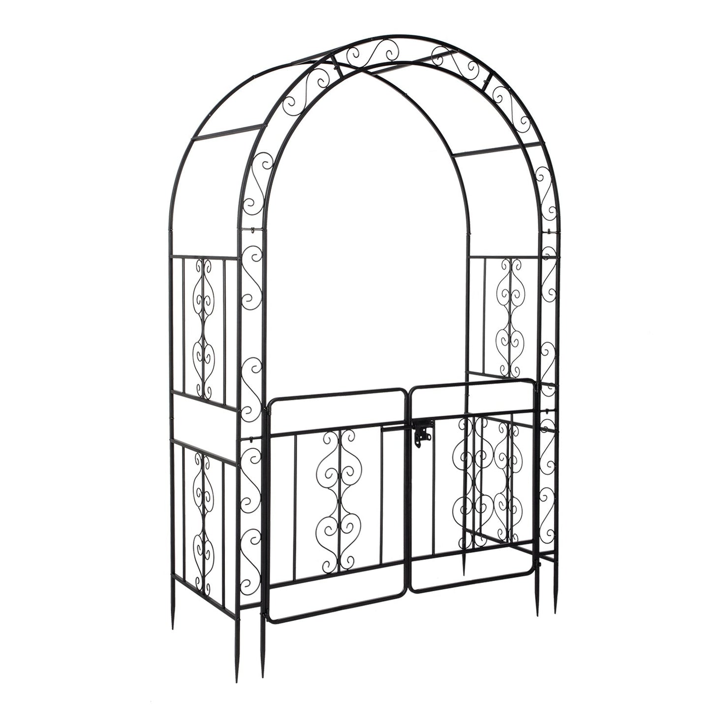7ft Black Wrought Iron Garden Arch with Double Deck, Door & Rounded Roof - goosavvy.com