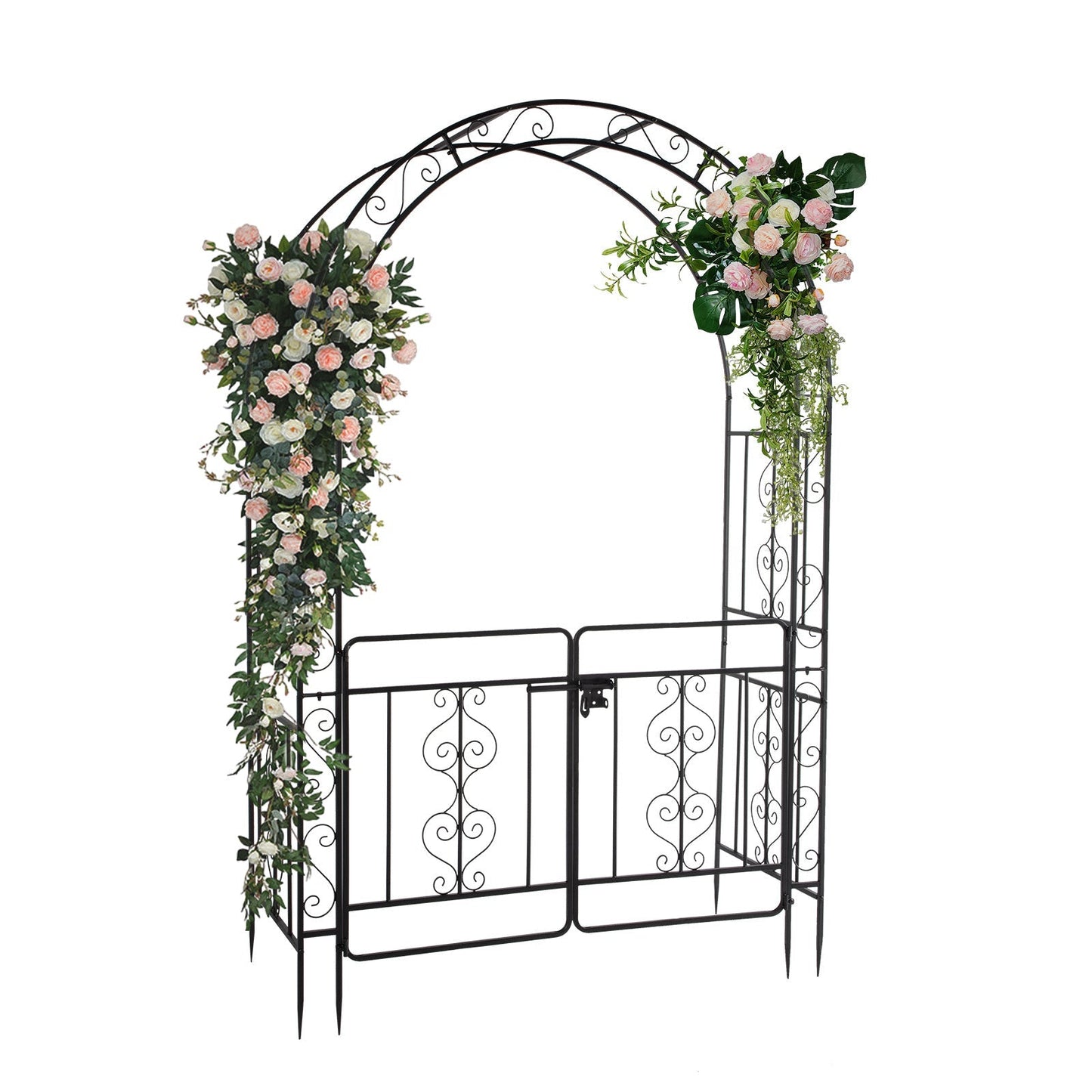7ft Black Wrought Iron Garden Arch with Double Deck, Door & Rounded Roof - goosavvy.com