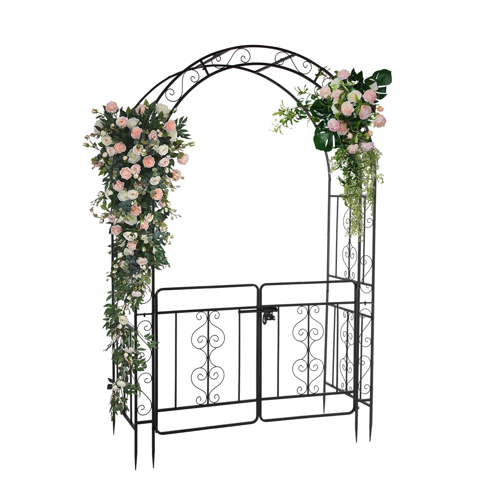 7ft Black Wrought Iron Garden Arch with Double Deck, Door & Rounded Roof - goosavvy.com