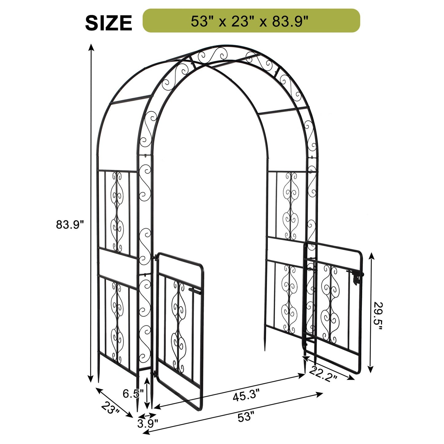 7ft Black Wrought Iron Garden Arch with Double Deck, Door & Rounded Roof - goosavvy.com