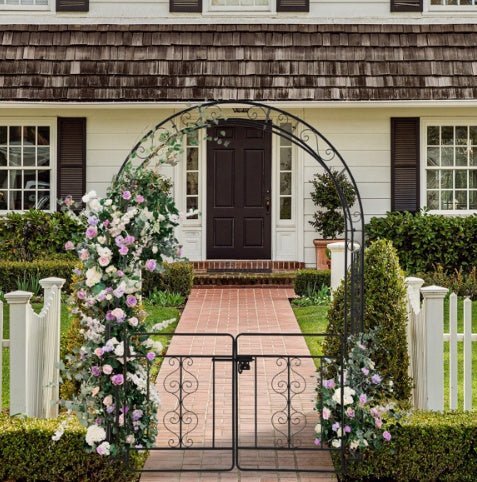 7ft Black Wrought Iron Garden Arch with Double Deck, Door & Rounded Roof - goosavvy.com
