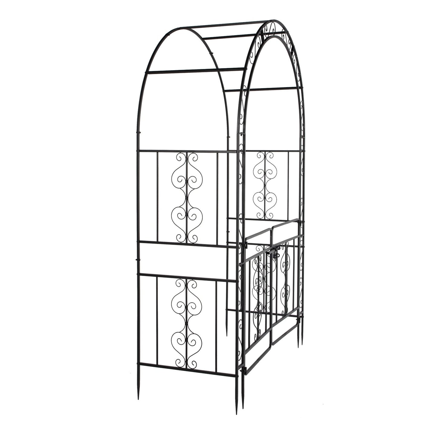 7ft Black Wrought Iron Garden Arch with Double Deck, Door & Rounded Roof - goosavvy.com