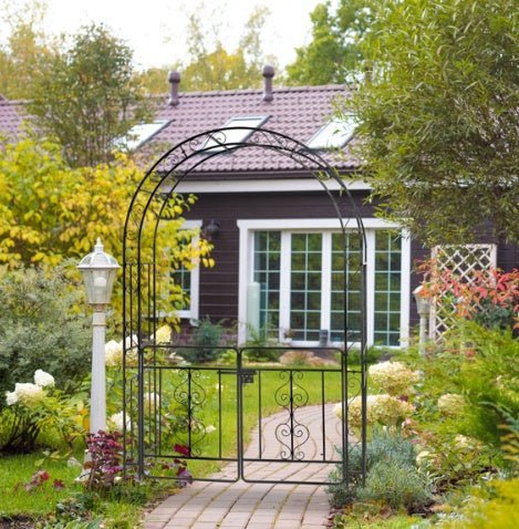 7ft Black Wrought Iron Garden Arch with Double Deck, Door & Rounded Roof - goosavvy.com