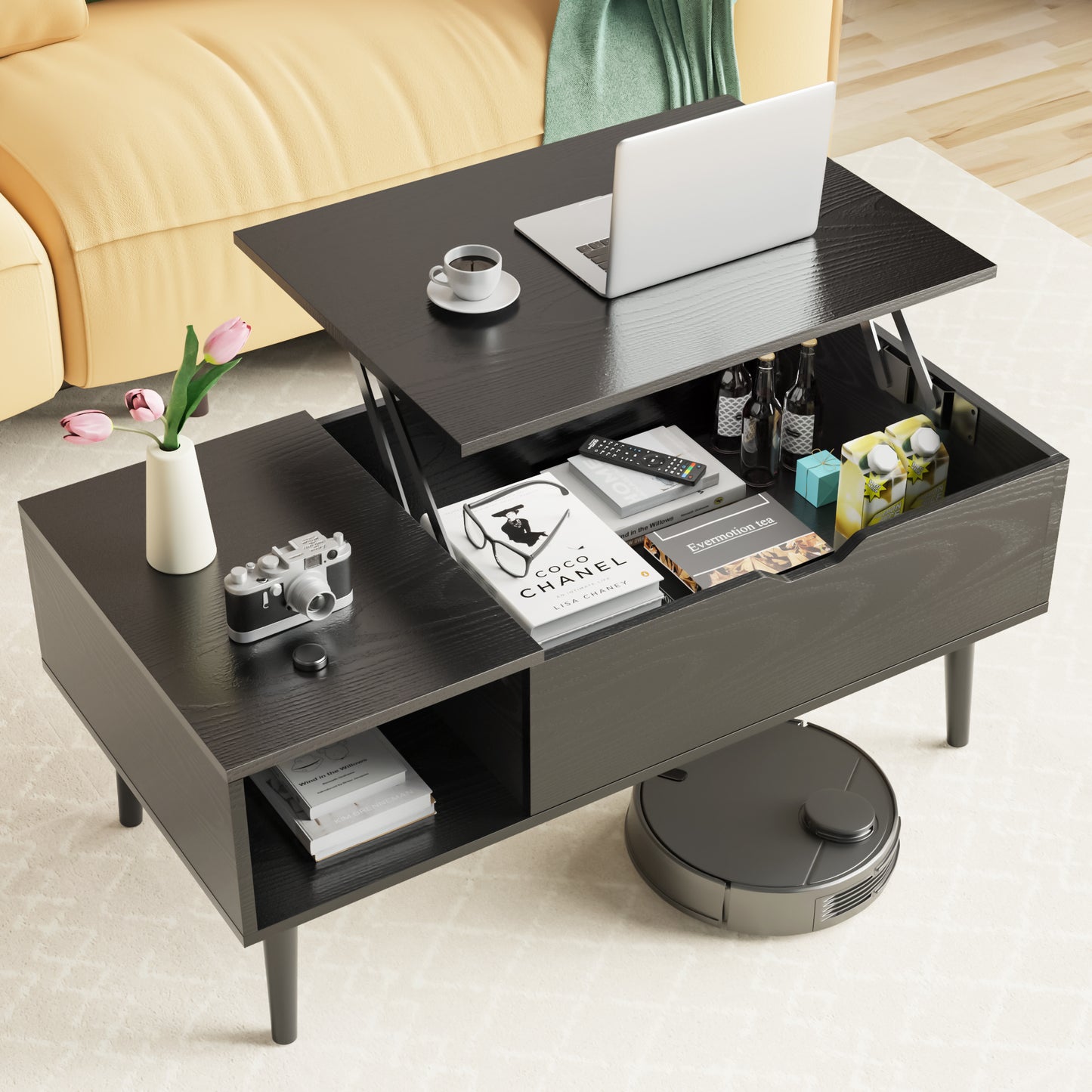 Modern Lift-Top Coffee Table with Adjustable Shelf & Hidden Storage – Black Wood or Rustic Brown