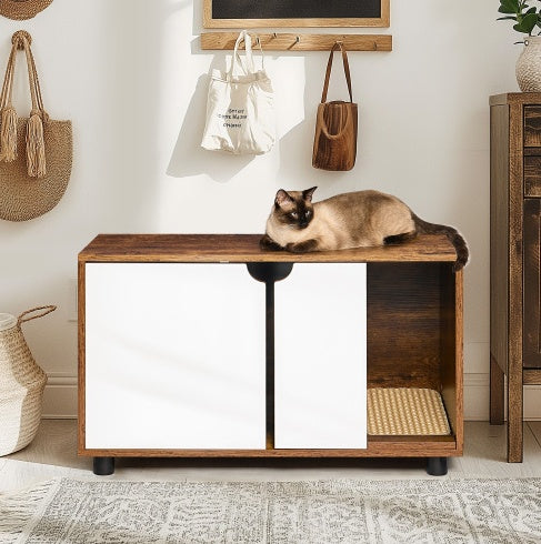 Cat Litter Box Enclosure with Double Doors - Hidden Kitty Washroom & Furniture Style, White Vintage - goosavvy.com