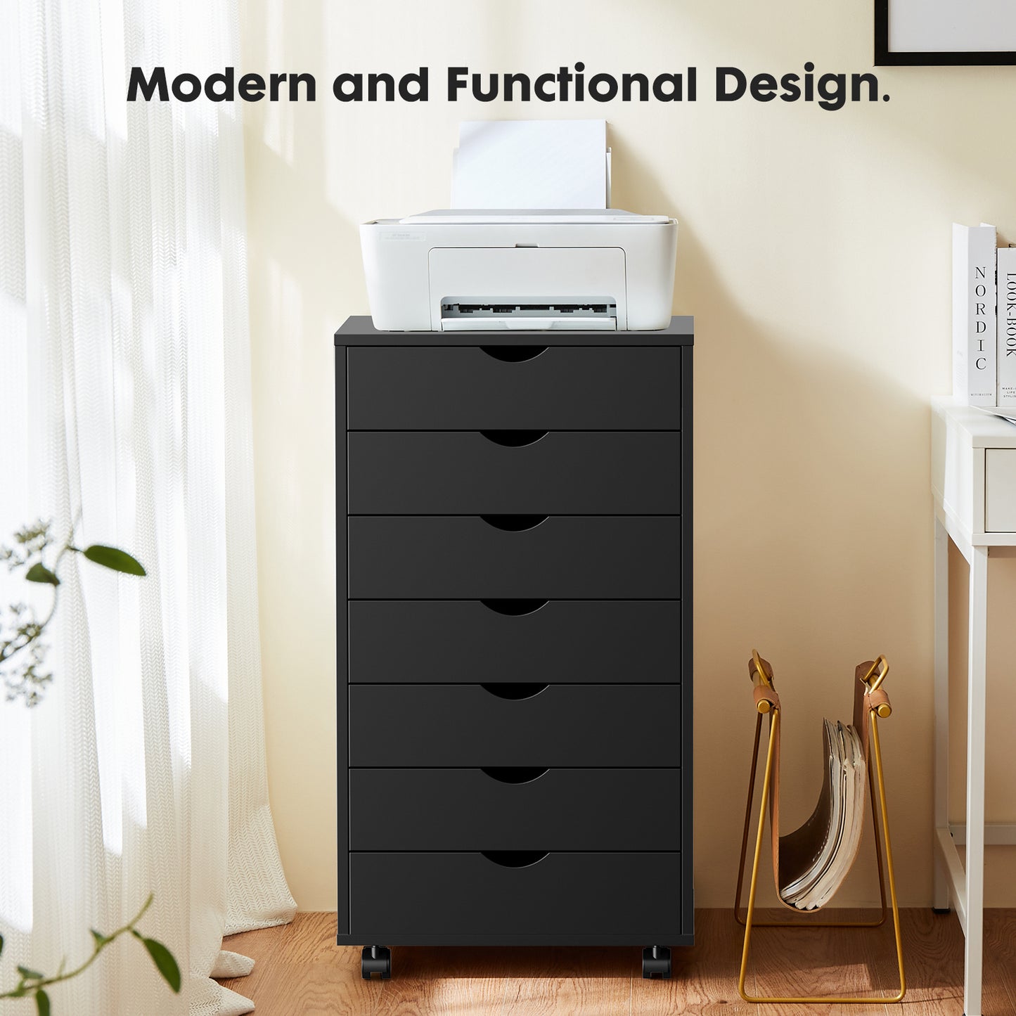 5 or 7 Drawer Wood File Cabinet with Wheels – Modern Dresser Organizer for Office & Home, White