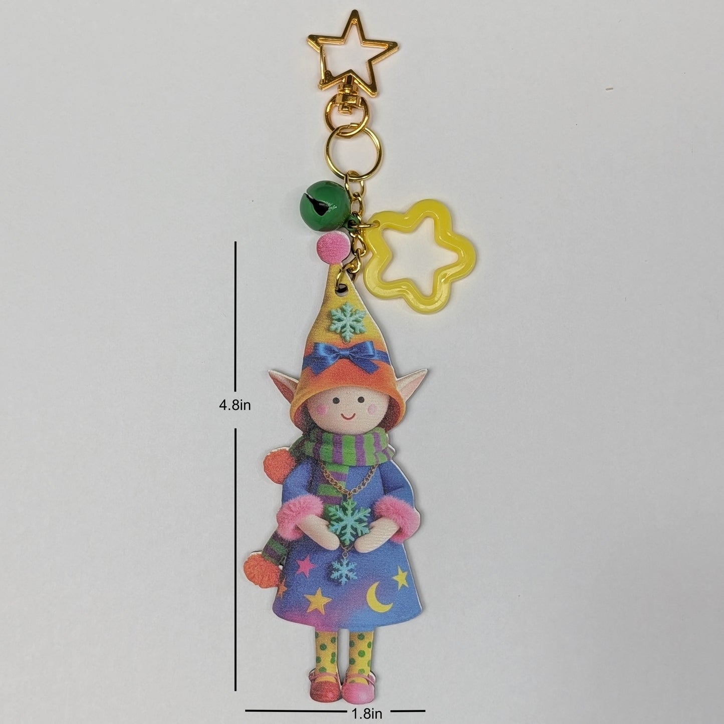 Colorful Elf Character Keychain with Bells and Golden Star Hook – Wood Composite Design