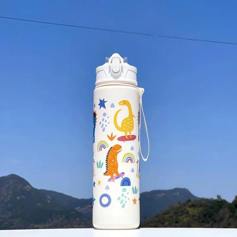 750ml Dinosaur Kids Water Bottle with Silicone Straw – Leakproof Plastic Sippy Cup for Summer