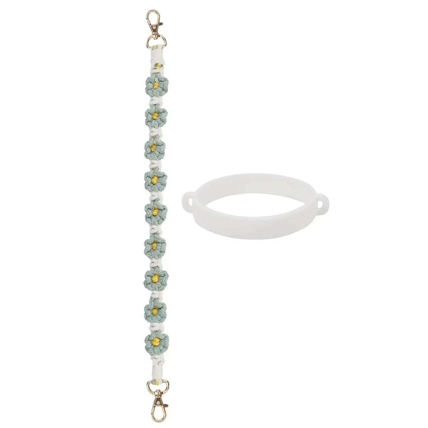 Decorative Water Bottle Sling Carrier – Flower Design Crocheted Handle with Silicone Ring & Strap