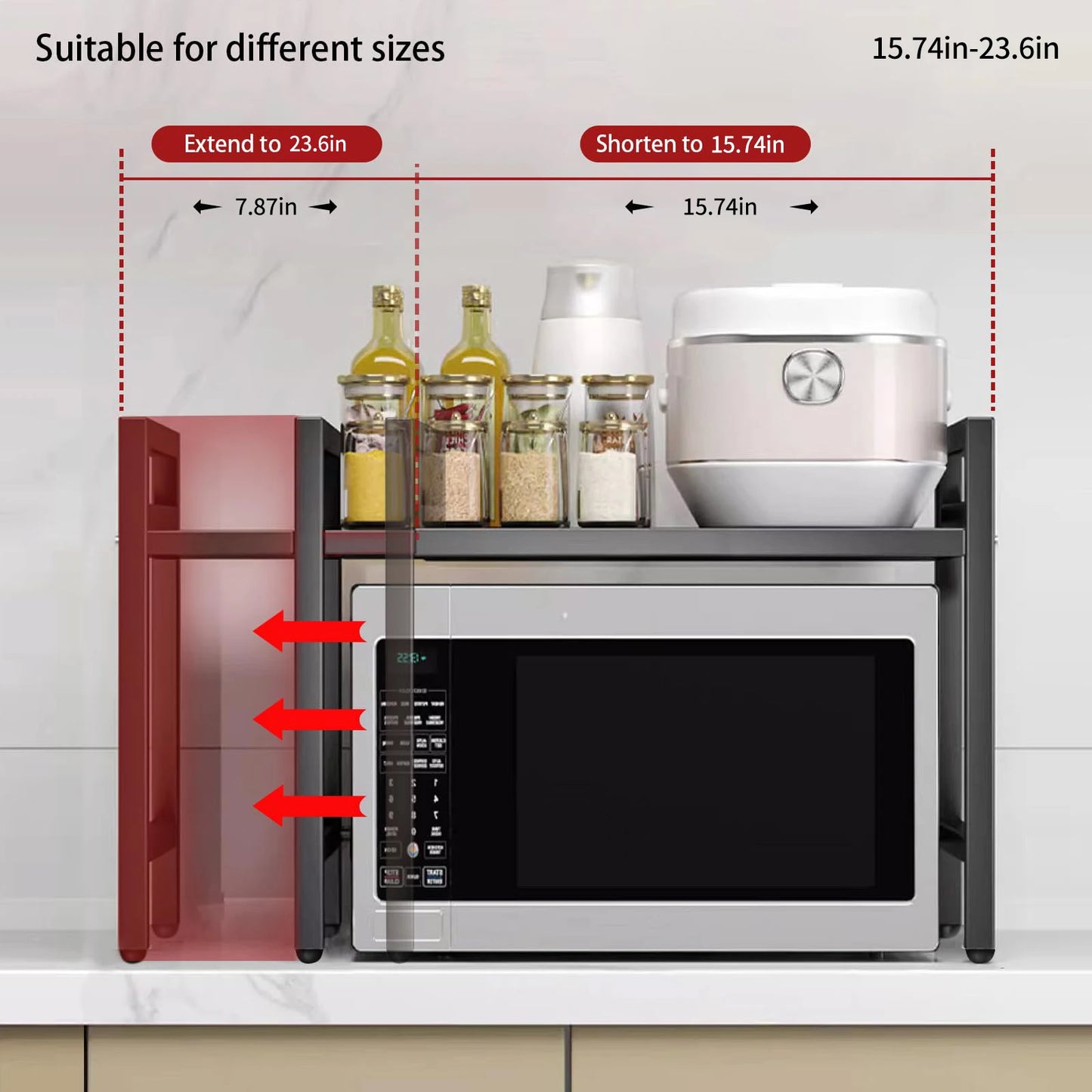 Expandable Microwave Oven Rack – Heavy Duty Kitchen Storage Shelf for Spices, Tableware & Appliances, Adjustable 42–64cm, Rust-Resistant Metal Organizer