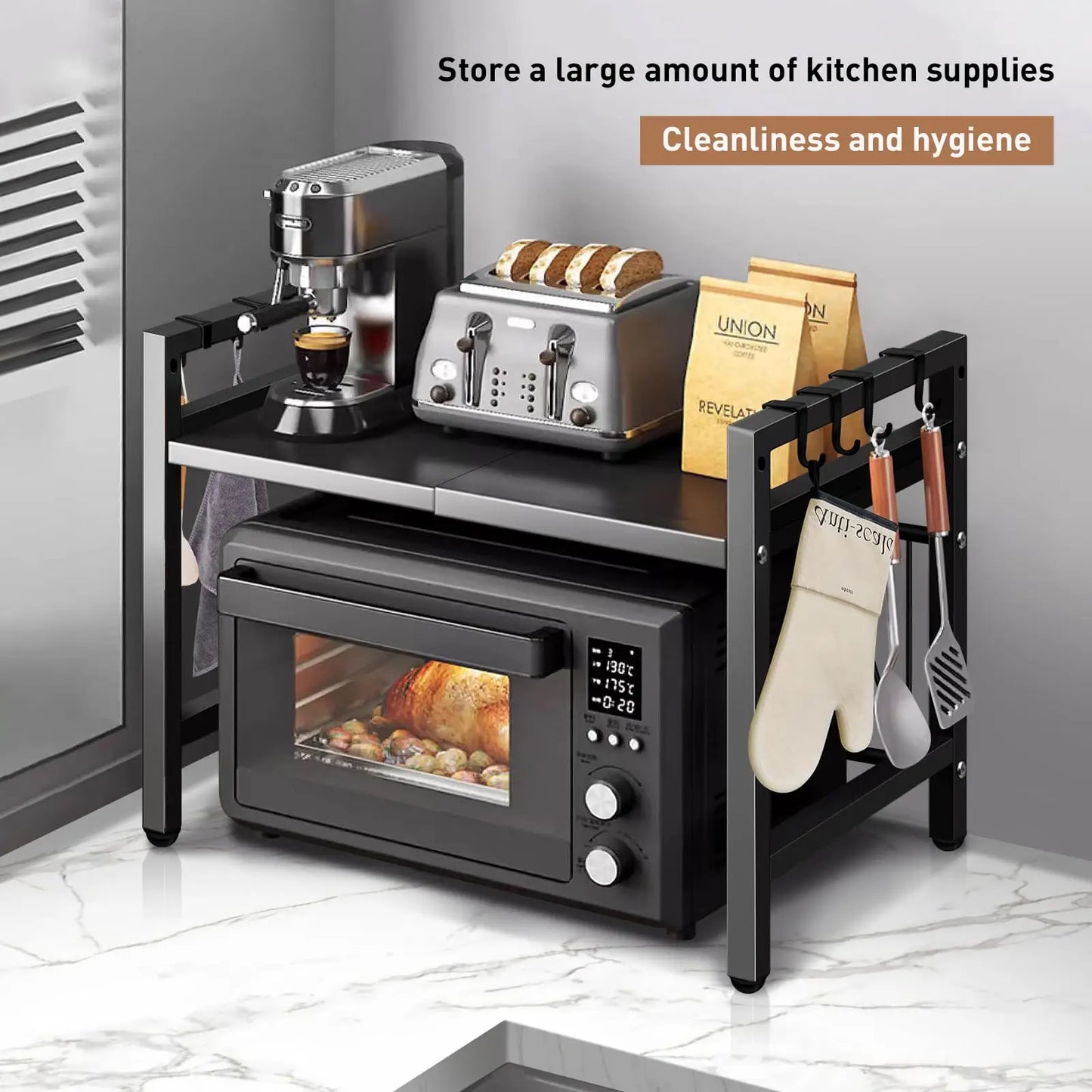 Expandable Microwave Oven Rack – Heavy Duty Kitchen Storage Shelf for Spices, Tableware & Appliances, Adjustable 42–64cm, Rust-Resistant Metal Organizer