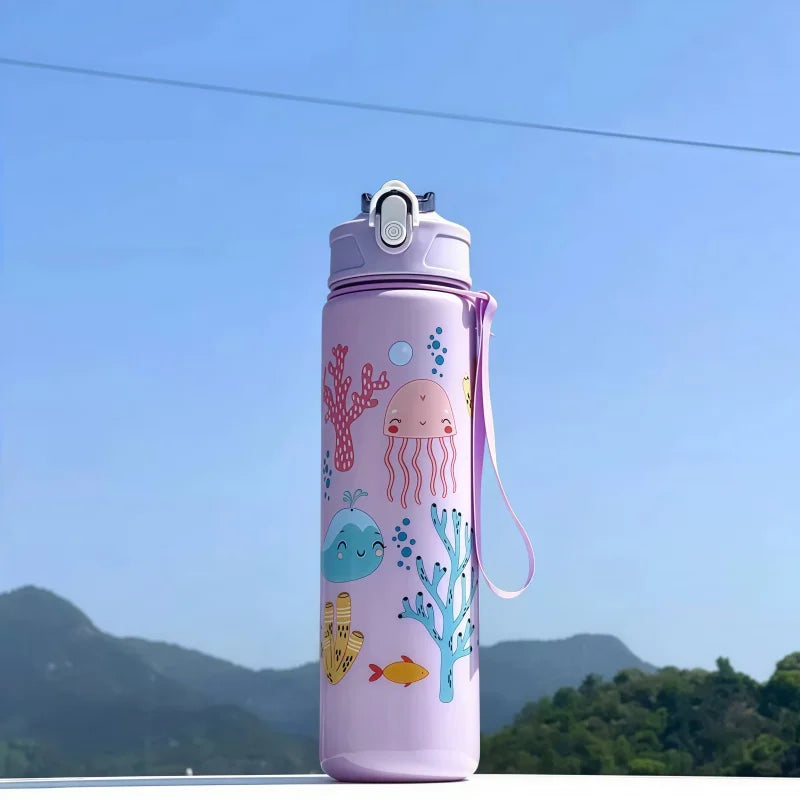 750ml Dinosaur Kids Water Bottle with Silicone Straw – Leakproof Plastic Sippy Cup for Summer