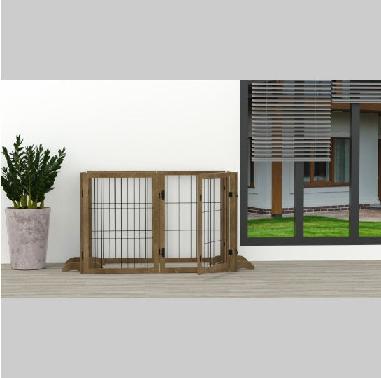 144” Extra Long Dog Gate with Door - 6-Panel Foldable Wooden Pet Barrier, 32” Tall, Freestanding Safety Fence for Doorways, Stairs, & Playpen Use - goosavvy.com