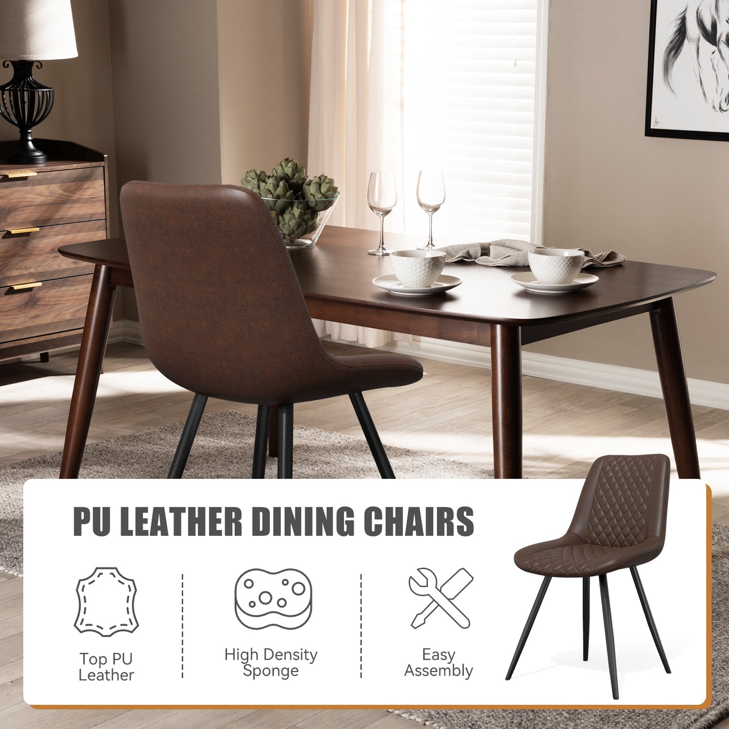 Set of 2 Modern PU Leather Dining Chairs with Metal Legs – Ergonomic & Upholstered Kitchen Chairs for Dining Room or Office