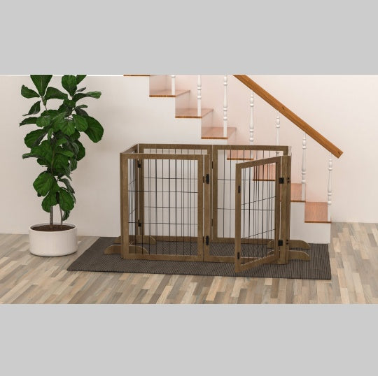 144” Extra Long Dog Gate with Door - 6-Panel Foldable Wooden Pet Barrier, 32” Tall, Freestanding Safety Fence for Doorways, Stairs, & Playpen Use - goosavvy.com
