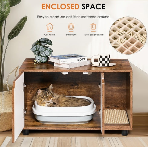 Cat Litter Box Enclosure with Double Doors - Hidden Kitty Washroom & Furniture Style, White Vintage - goosavvy.com