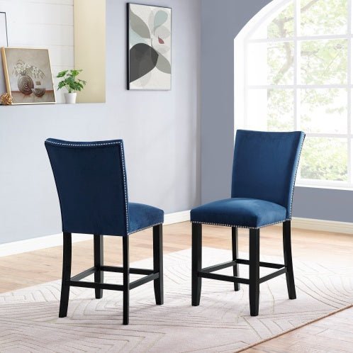 Camila Blue Velvet Counter Chair Set of 2 with Nailhead Trim - goosavvy.com