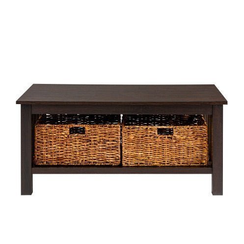 Coastal Coffee Table with Lower Shelf & Faux Rattan Baskets - Espresso - goosavvy.com