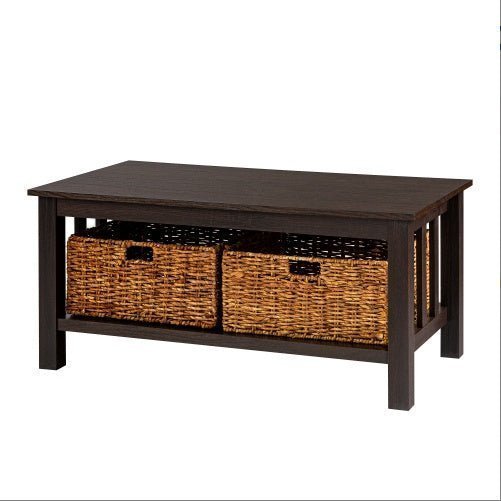 Coastal Coffee Table with Lower Shelf & Faux Rattan Baskets - Espresso - goosavvy.com