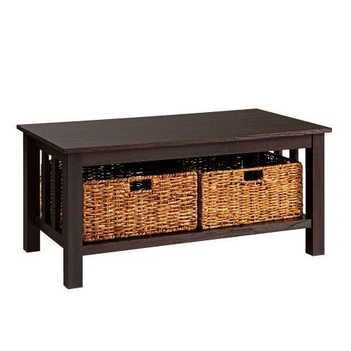 Coastal Coffee Table with Lower Shelf & Faux Rattan Baskets - Espresso - goosavvy.com