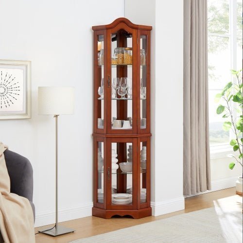 Corner Curio Cabinet with Lights, Adjustable Glass Shelves & Mirrored Back - goosavvy.com