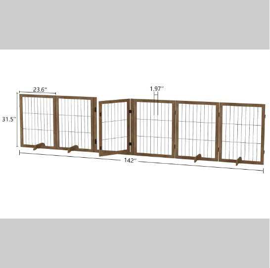 144” Extra Long Dog Gate with Door - 6-Panel Foldable Wooden Pet Barrier, 32” Tall, Freestanding Safety Fence for Doorways, Stairs, & Playpen Use - goosavvy.com