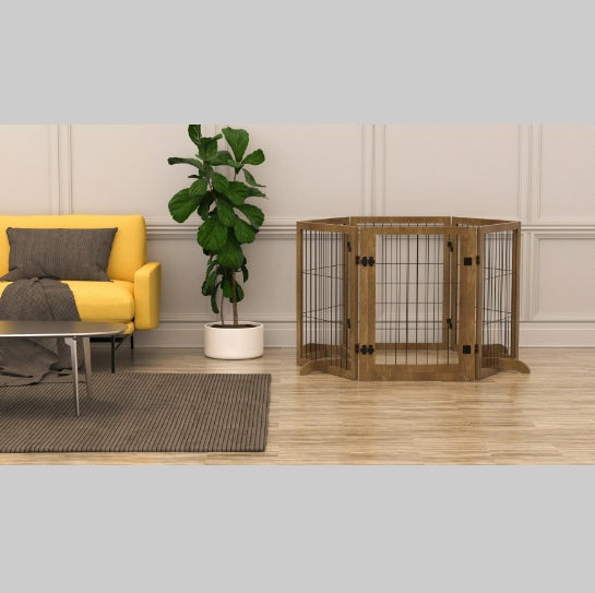 144” Extra Long Dog Gate with Door - 6-Panel Foldable Wooden Pet Barrier, 32” Tall, Freestanding Safety Fence for Doorways, Stairs, & Playpen Use - goosavvy.com