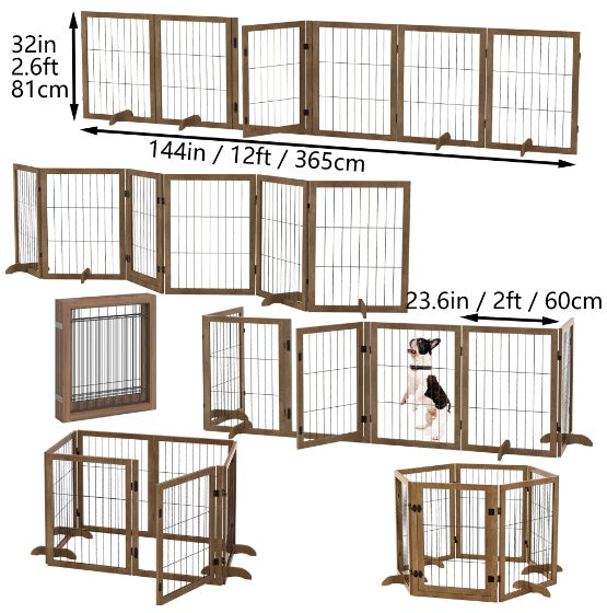 144” Extra Long Dog Gate with Door - 6-Panel Foldable Wooden Pet Barrier, 32” Tall, Freestanding Safety Fence for Doorways, Stairs, & Playpen Use - goosavvy.com