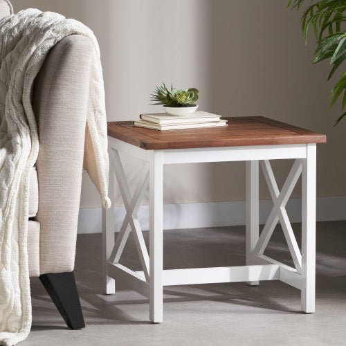 Farmhouse Acacia Wood End Table, Two - Tone Dark Oak Top with White Legs, Indoor Accent Table - goosavvy.com