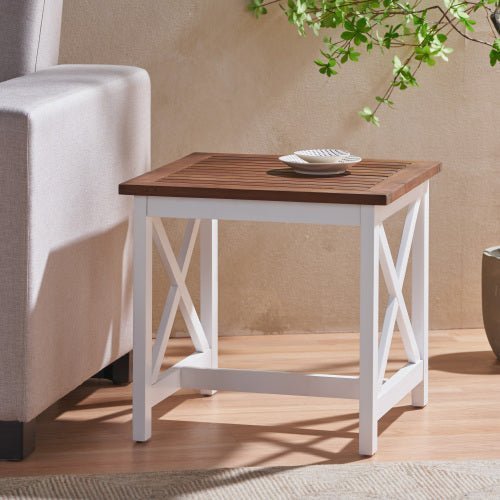 Farmhouse Acacia Wood End Table, Two - Tone Dark Oak Top with White Legs, Indoor Accent Table - goosavvy.com