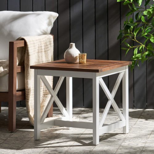Farmhouse Acacia Wood End Table, Two - Tone Dark Oak Top with White Legs, Indoor Accent Table - goosavvy.com