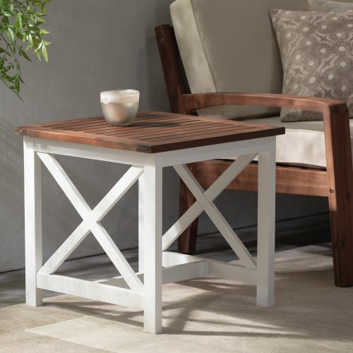 Farmhouse Acacia Wood End Table, Two - Tone Dark Oak Top with White Legs, Indoor Accent Table - goosavvy.com