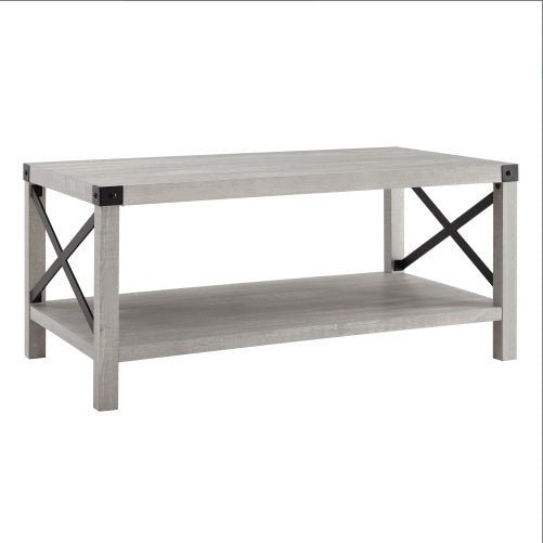 Farmhouse Metal - X Coffee Table with Lower Shelf - Rustic Stone Grey - goosavvy.com