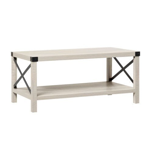 Farmhouse Metal - X Coffee Table with Lower Shelf - Rustic Stone Grey - goosavvy.com